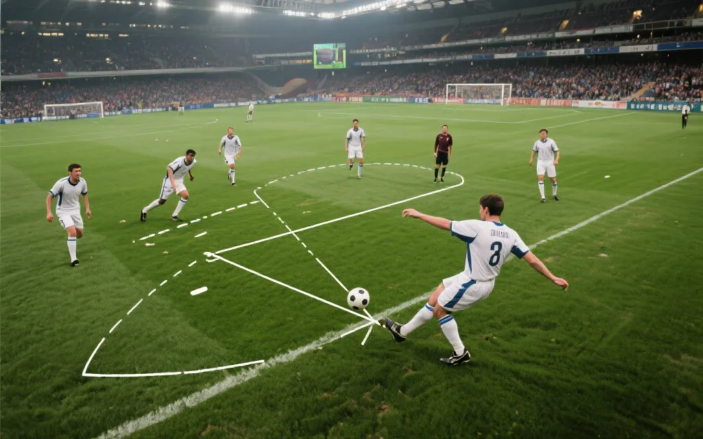 世界杯赛场俯视角，中场球员指挥队友站位并进行大范围转移的画面