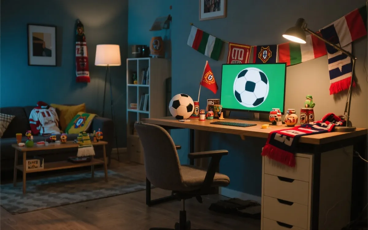 电商工作台上陈列世界杯应援周边:围巾、贴纸、旗帜与球衣,强调情绪与社交场景